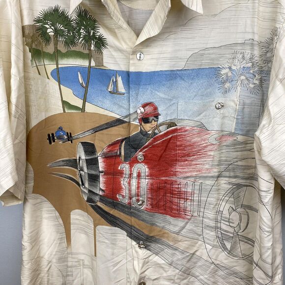 Tori Richard Shirt Mens Large Cream Red Race Car 30 Button Up Hawaiian Viscose - Picture 2 of 11